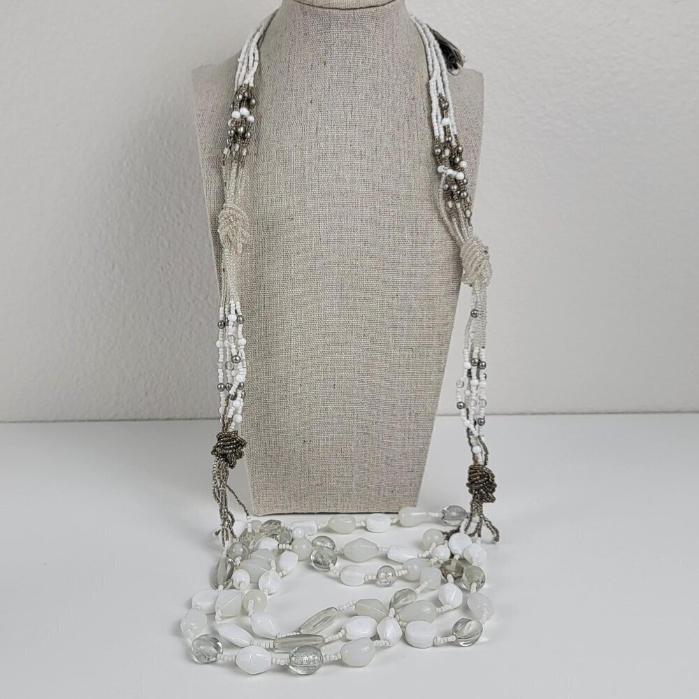 Macy's White Glass Beaded Necklace 34 In Silver Tone 6-Row Seed Bead